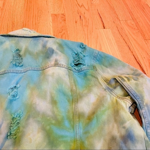 Festival tie dyed jean jacket M distressed ripped blue green ocean water - Picture 8 of 15
